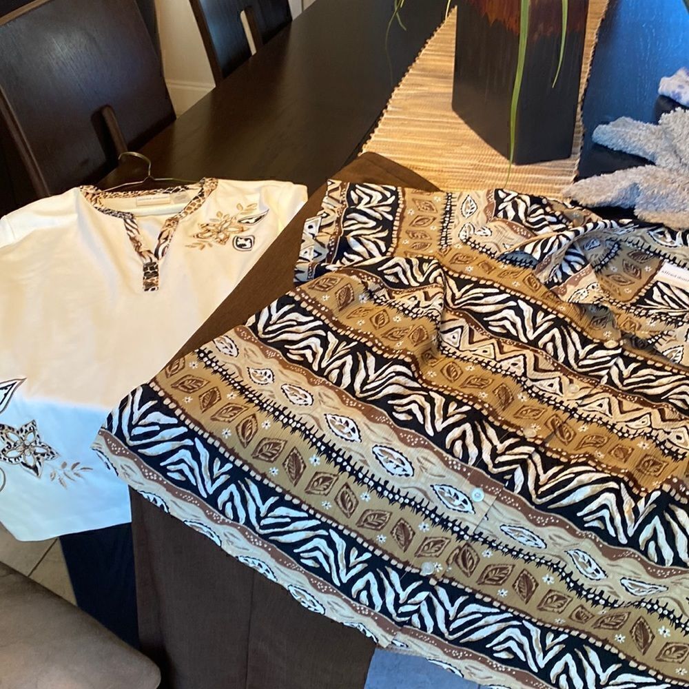 NWOT 3 piece Alfred Dunner embellished leopard S/S tee 1x  brown slacks, blouse